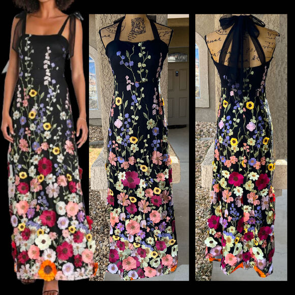 Lulus Thriving Poise Black 3D Floral Embroidered Tie-Strap Maxi